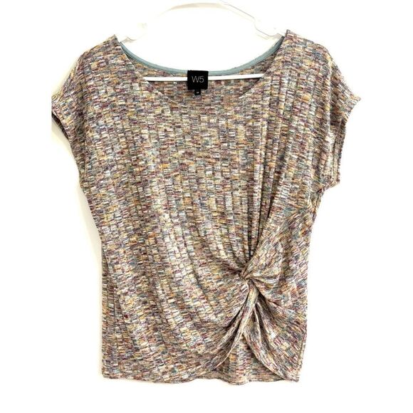 W5 ANTHROPOLOGIE Short Sleeve Multicolor Sweater Top W/  Knot Accent SZ M EUC - Picture 1 of 6